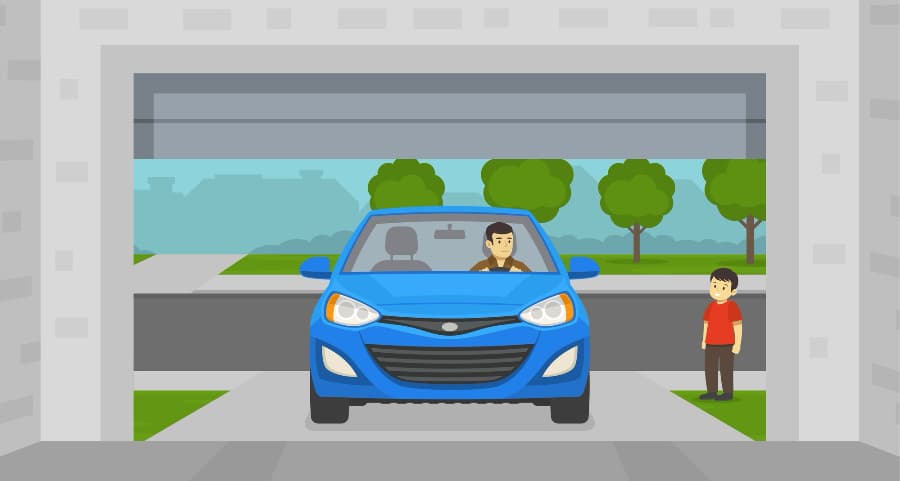 Illustration of a man driving into his garage with a child looking on.